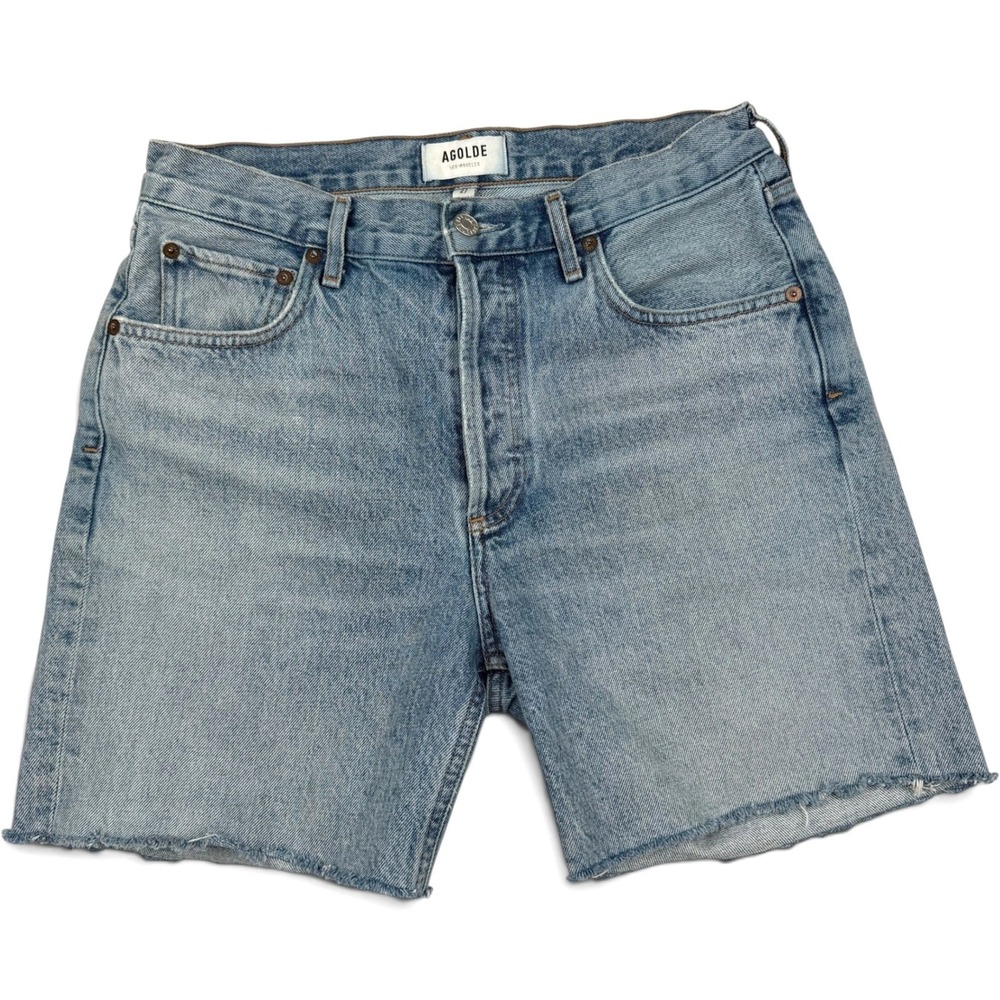 AGOLDE Rumi High Rise Denim Shorts 27 Bermuda Raw Hem Coastal - Picture 2 of 9